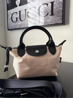 Longchamp Small Top-Handle Bag in Beige with Black Trim